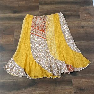 Sundance 100% Silk Skirt Size Large Boho Patchwork Midi Skirt Yellow Paisley